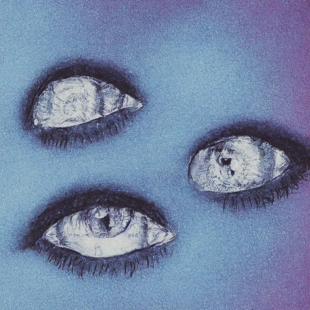 Prompt: 1 9 8 0 s professional airbrush illustration of eyes and crystals on a blue background