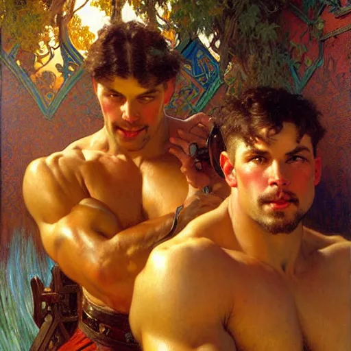 Image similar to attractive muscular mike and muscular attractive ty, drinking their hearts out, boys night out. highly detailed painting by gaston bussiere, craig mullins, j. c. leyendecker, alphonse mucha 8 k