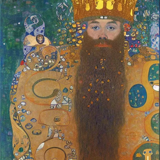 Prompt: by gustav klimt jaunty. a print of a mythological scene. large, bearded man seated on a throne, surrounded by sea creatures. he has a trident in one hand & a shield in the other. behind him is a large fish. in front of him are two smaller creatures.