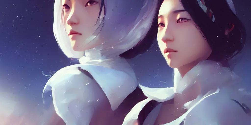 Image similar to Young Tibetan woman, somber white eyes, long, gentle lighting, piloting a small space shuttle, futuristic, dim lighting, digital art by Makoto Shinkai ilya kuvshinov and Wojtek Fus, digital art, concept art,