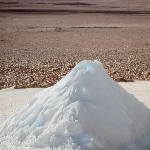 Prompt: mound of salt shaped mount everest, cracked desert background. somber. haunting. 40mm lens, shallow depth of field, split lighting