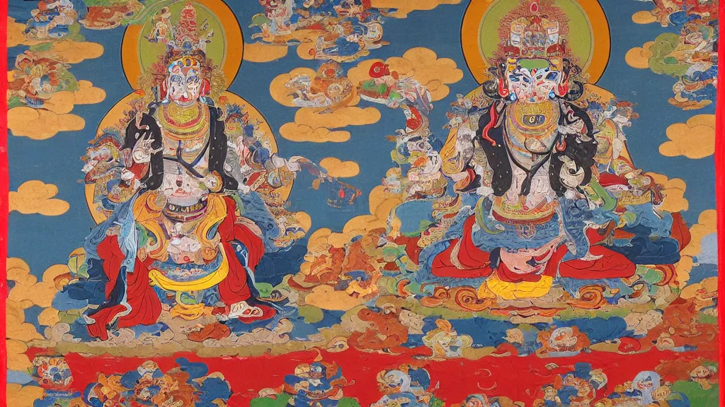 Image similar to mahakala tibetan deity as the mad drunk french philosopher foucault, tibetan thangka