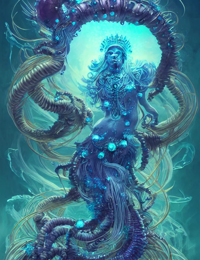 Image similar to goddess macro shouler portrait from bottom to top in crown made of ram skull. betta fish, jellyfish phoenix, bioluminiscent, plasma, ice, water, wind, creature, super intricate ornaments artwork by tooth wu and wlop and anato finnstark and greg rutkowski