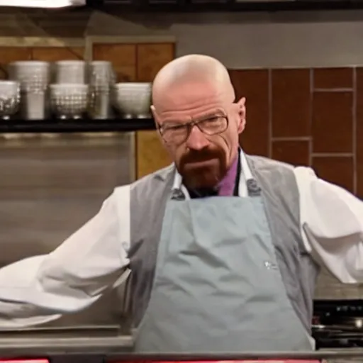 Image similar to a still of walter white competing on the cooking show chopped, still