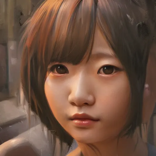 Image similar to a perfect, realistic professional oil painting of a Japanese schoolgirl posing in a dystopian alleyway, close-up, by a professional American senior artist on ArtStation, a high-quality hollywood-style concept