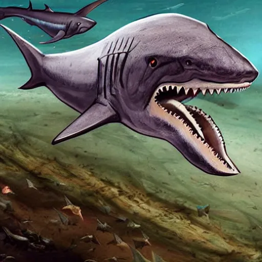 Prompt: an extinct megashark was shown to be bigger, faster and even hungrier than previously thought.