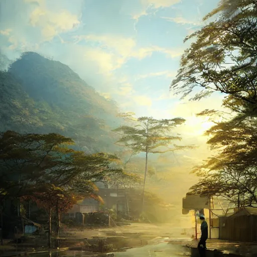 Prompt: walking around misumi west port and manda pit, kumamoto, japan. volumetric lighting, dew, spring evening, clear weather, ( few clouds ), realistic illustration, golden hour, perfectly shaded, soft painting, art by krenz cushart and wenjun lin