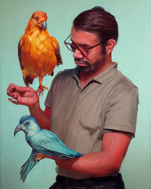 Prompt: a realistic stylized phychedelic painting of a man holding a bird in his hand, an oil painting by benito quinquela martin, behance contest winner, american scene painting, oil on canvas, detailed painting, art