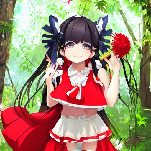 Image similar to a pixiv fanbox of reimu in the jungle wearing bonnet