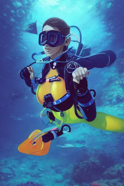 Image similar to a portrait of a cute female scuba diver, underwater setting, vivid colors, soft lighting, atmospheric, cinematic, moody, in the style of artgerm and greg rutkowski, oil on canvas, 8 k