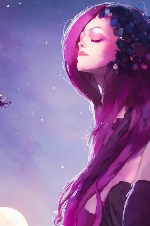 Prompt: A beautiful woman with magenta hair covering an eye basking in the moonlight on a bed of obsidian crystals below planets, tall tree, cinematic lighting, dramatic atmosphere, by Dustin Nguyen, Akihiko Yoshida, Greg Tocchini, Greg Rutkowski, Cliff Chiang, 4k resolution, trending on artstation