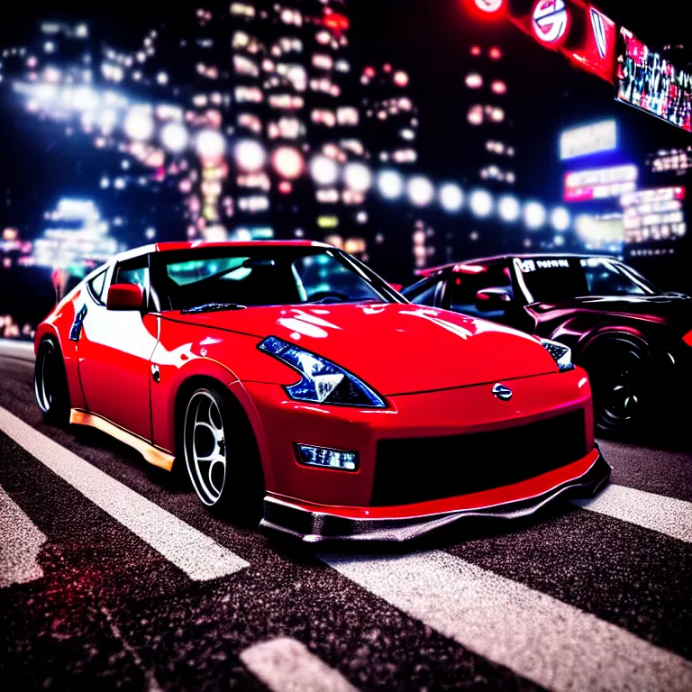 Image similar to close-up-photo Nissan Z32 turbo illegal roadside night meet, work-wheels, Shibuya Shibuya, cinematic colors, photorealistic, highly detailed, night photography