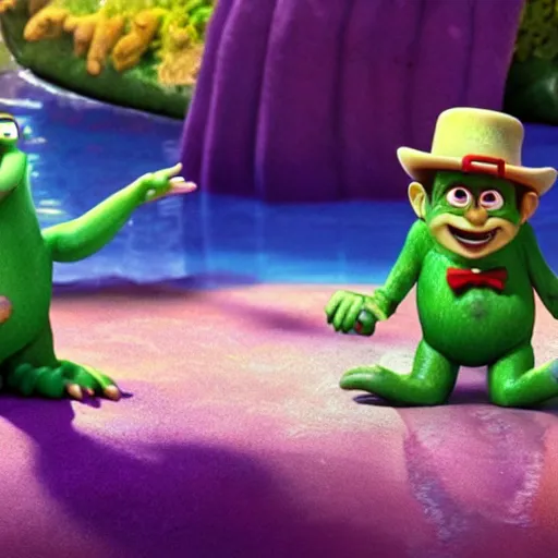 Prompt: leprechaun in speedos, 3 d animated pixar illumination studios animated movie by pete docter, extremely joyful and eerie smiles, slimy fluid liquid