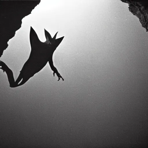 Prompt: a close - up, black & white studio photographic portrait of a loud screeching giant, bat - like creature flying towards you, you are exploring an alien planet and come across a strange, dark cave, dramatic backlighting, 1 9 7 3 photo from life magazine