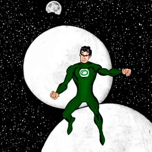 Prompt: comic Green Lantern in black and white uniform in space flying infront of the moon,