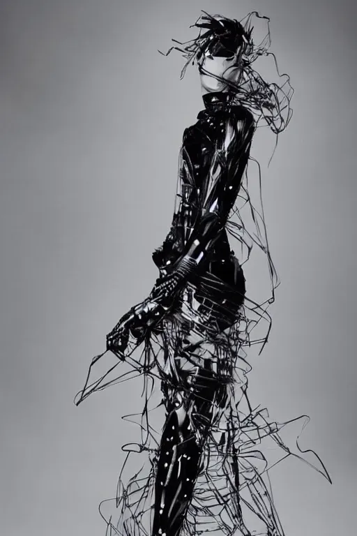 Prompt: futuristic haute couture dress styled by iris van herpin, yoji shinkawa