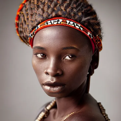 Image similar to vintage portrait of a stunningly beautiful west african tribal female, depth of field, zeiss lens, detailed, symmetrical, centered, fashion photoshoot, by edward s curtis, Annie Leibovitz and Steve McCurry, David Lazar, Jimmy Nelsson, alphonse mucha, Breathtaking, 8k resolution, extremely detailed, beautiful, establishing shot, artistic, hyperrealistic, beautiful face, octane render
