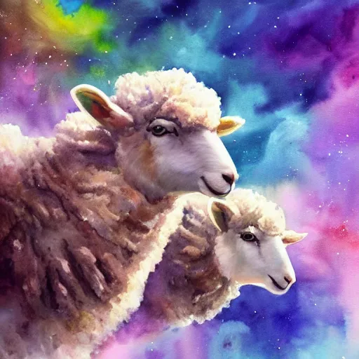 Prompt: herding sheeps in space. watercolor. vibrant. amazing painting. beautiful. high resolution. highly realistic. cool tones. close - up. 8 k. trending on artstation.