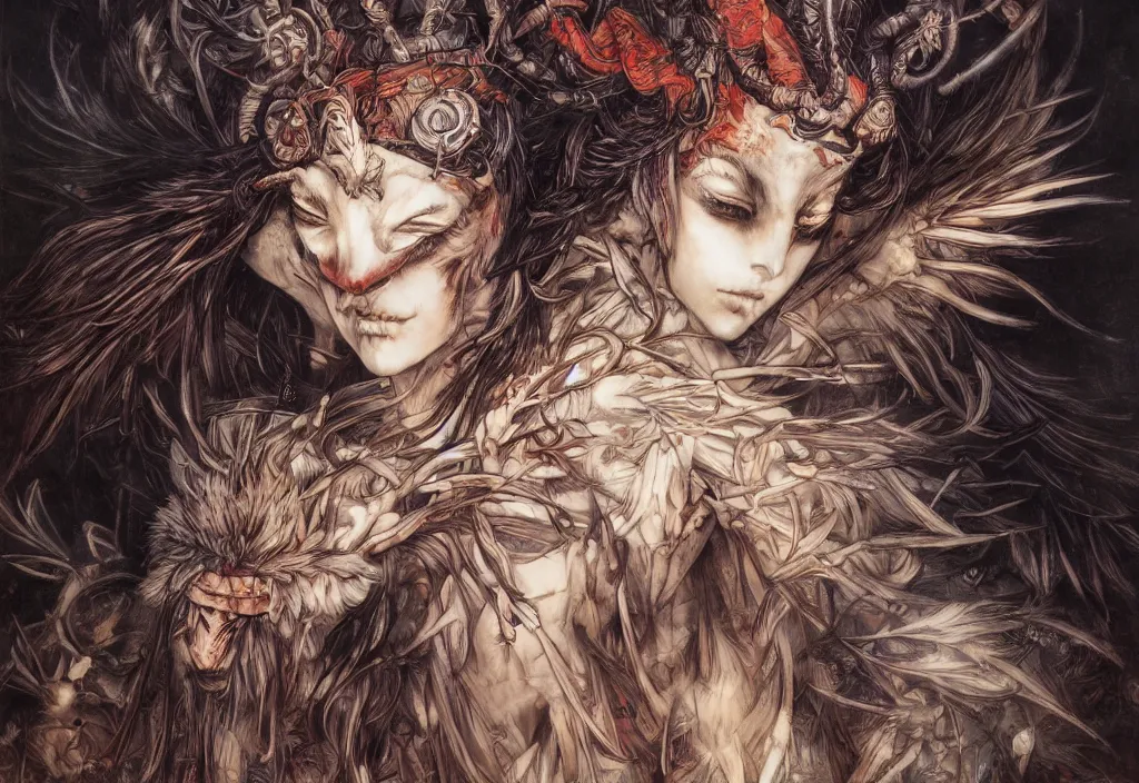 Prompt: breathtaking detailed painting of mononoke princess, by ayami kojima and brom, dynamic fighting movement at dusk, detailed realistyc symmetrical facial features, amalgamation of embers and feathers, 8 k, concept art, matte, sharp focus, rembrandt style