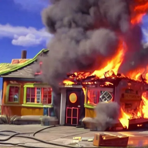 Prompt: The Krusty Krab on fire as a still from an episode of spongebob