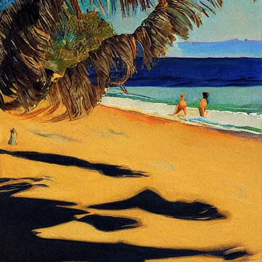 Image similar to painting, australian beach pattern, by eric frischl and joaquin sorolla