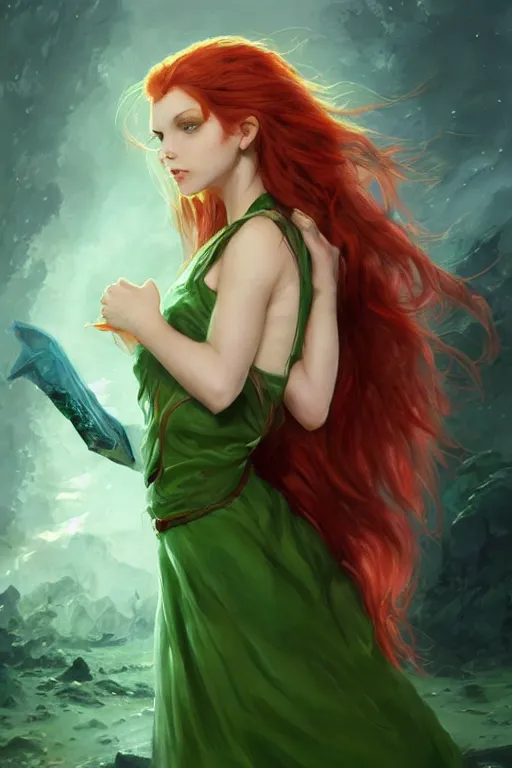 Image similar to beautiful cute red haired joyful and playful 1 9 year old maiden standing up in a green dress, long hair, rpg character, sci - fi, fantasy, intricate, elegant, digital painting, artstation, concept art, smooth, 8 k frostbite 3 engine, ultra detailed, art by artgerm and greg rutkowski and magali villeneuve