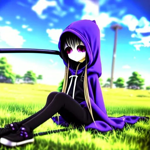 Prompt: A cute young real life 3D anime girl with long blueish lavender hair, wearing a black reaper hood with shorts, a bloody scythe is laying next to her foot, sitting on one knee in a large grassy green field, shining golden hour, she has purple anime eyes, extremely cute anime girl face, she is happy, childlike, little kid, black anime pupils in her eyes, Haruhi Suzumiya, Umineko, Lucky Star, K-On, Kyoto Animation, she is smiling and happy, sitting on one knee on the grass, chibi style, extremely cute, she is smiling and excited, her tiny hands are on her thighs, she has a cute expressive face