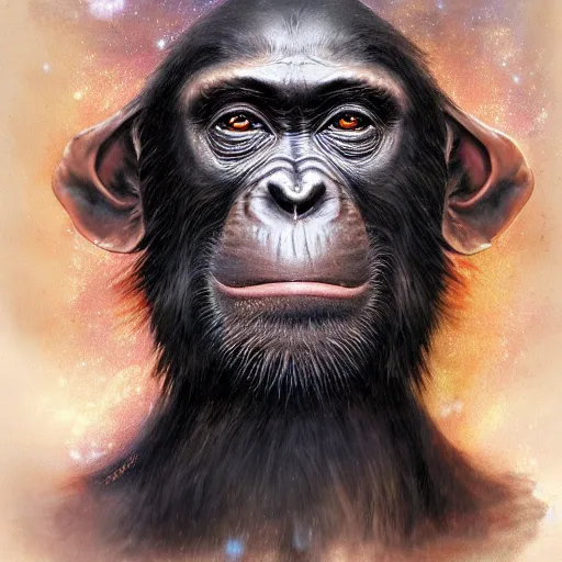 Image similar to a wlop 3 d render of very highly detailed beautiful mystic portrait of a dog ape with whirling galaxy around, tattoos by anton pieck, intricate, extremely detailed, digital painting, artstation, concept art, smooth, sharp focus, illustration, intimidating lighting, incredible art,