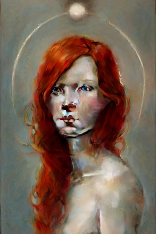 Image similar to of beautiful redhead female, beauty portrait by greg rutkowski, hilma af klint, moebius, victo ngai, sharp focus, global illumination, highly detailed, masterpiece, award winning, post processing