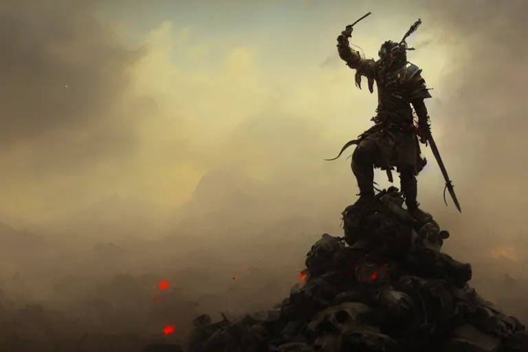 Image similar to the last warrior standing on the top of pile of skulls, the war has just ended, raining blood, extremely detailed digital painting, in the style of fenghua zhong and ruan jia and jeremy lipking and peter mohrbacher, mystical colors, rim light, beautiful lighting, 8 k, stunning scene, raytracing, octane, trending on artstation