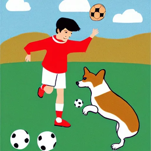 Image similar to illustration of french boy in paris playing football against a corgi, the corgi is wearing a polka dot scarf