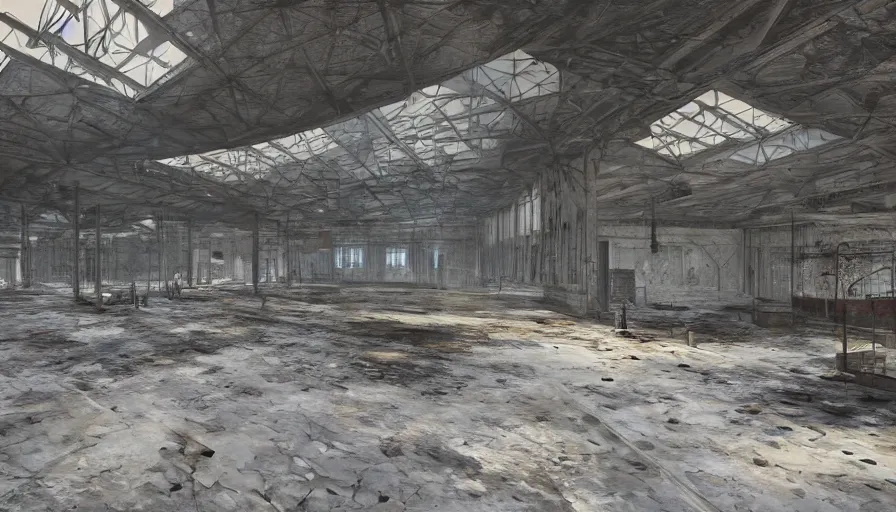 Prompt: Interior of a dusty old abandoned military warehouse, hyperdetailed, artstation, cgsociety, 8k