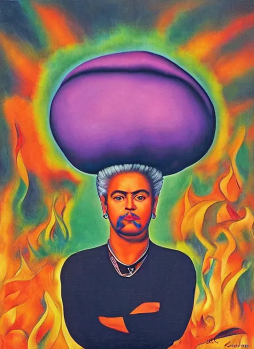 Image similar to 8 0 s new age album cover depicting a mushroom cloud in the shape of guy fieri, very peaceful mood, oil on canvas by frida kahlo