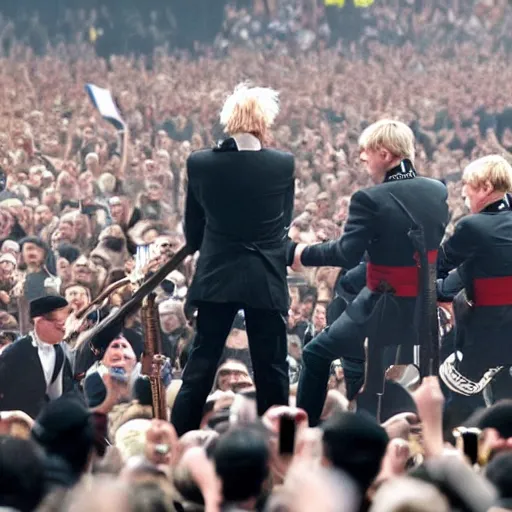 Prompt: Franz Ferdinand with Napoleon in 2022 London putting Boris Johnson on the cross Infront of a crowd of 50000 people