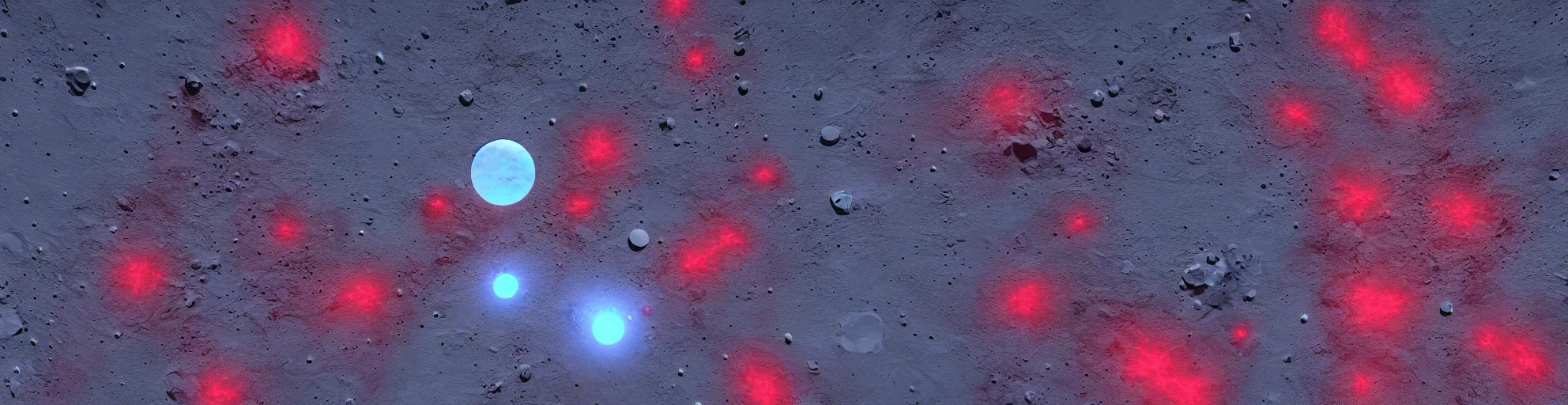 Image similar to moonscape with lunar base, a red laser and a blue laser intersecting, unreal engine, trending on artstation, octane render, 8 k