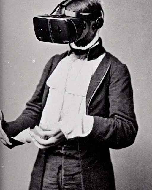 Image similar to 1 8 0 0 s photo of a person wearing a vr virtual reality headset