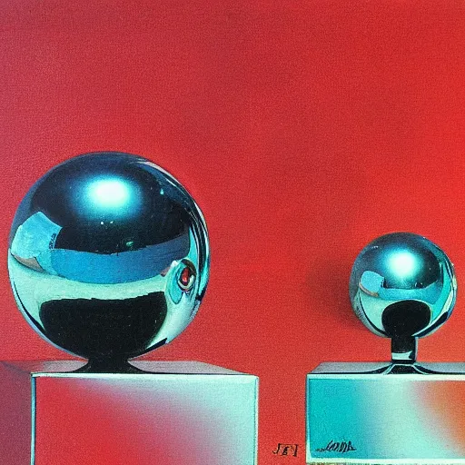 Prompt: chrome spheres on a red cube by john martin