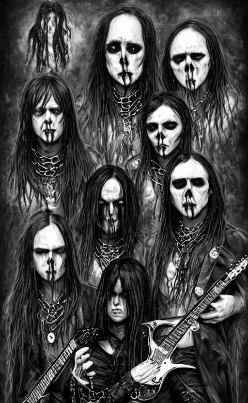 Image similar to black metal group, chain, group photo, punk art, weapon, drugs, flex box position, electric guitar, long hair, make up, fiction, stability, intricate, elegant, 8 k, uhd, justify, artstation, concept art, matte, sharp focus, illustration, consistent, highly detailed object content, proportional object content