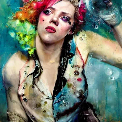 Image similar to drunken scarlett johansson as delirium from sandman, one green eye and one blue eye, ( hallucinating colorful soap bubbles ), by jeremy mann, by sandra chevrier, by dave mckean and richard avedon and maciej kuciara, 8 0's, punk rock, tank girl, high detailed, 8 k