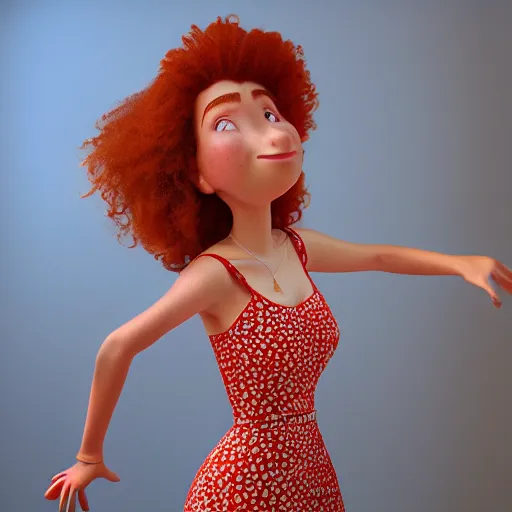 Prompt: 3d rendered gorgeous red haired woman with big curly hair and freckles, curvy figure wearing dress with flower print, Pixar CGI , octane render, sharp details, bloom, 8k resolution, OLED, trending on artstation