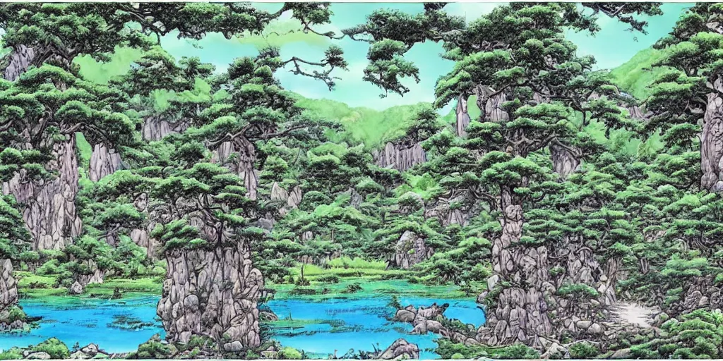 Image similar to art by akira toriyama of the cinematic view of the jiuzhaigou valley forest