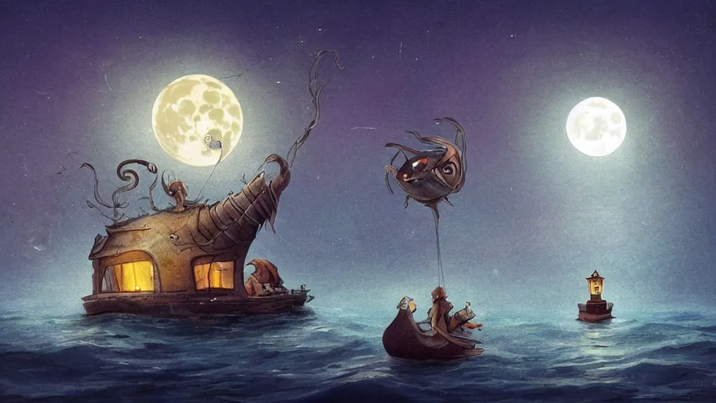 Image similar to a giant!!!! anglerfish!!!! at the surface of the water meets a lantern - holding!!!! sailor!!!! on a ( sloop ), ( background with large full moon and purple sky ), in the styles of tom coletti, jorge jacinto, and thomas veyrat intricate, accurate details