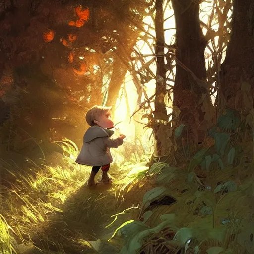 Image similar to a little boy talking to a fox in the woods. highly detailed, digital painting, artstation, concept art, smooth, sharp focus, illustration, cinematic lighting, art by artgerm and greg rutkowski and alphonse mucha