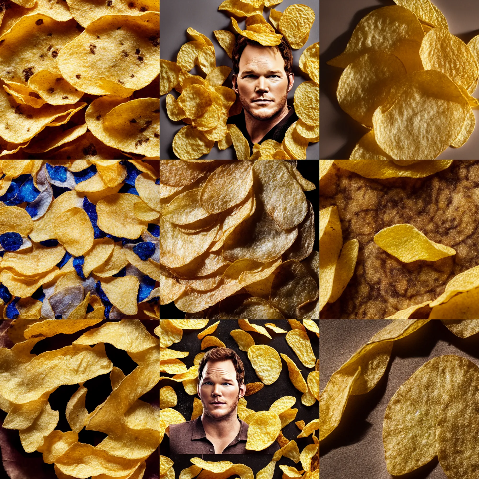 Prompt: chris pratt, potato chip style, potato chip looks like chris pratt's face, texture, crisp, macro shot, high detail photo, close up