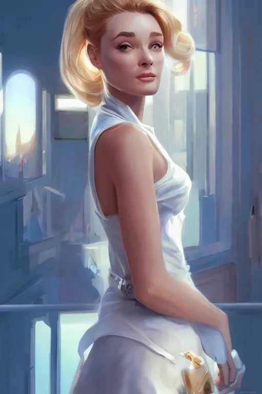 Prompt: blonde holly golightly in breakfast at tiffany's, anatomy, bathed in light, highly detailed, photorealistic, artstation, smooth, sharp focus, illustration, unreal engine 5, 8 k, art by artgerm and greg rutkowski and edgar maxence