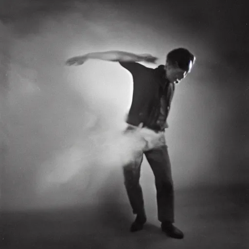 Prompt: a smudged and textured photograph showing the whole body of a man dancing is a dark room, taken with soviet flash camera at slow shutter speed