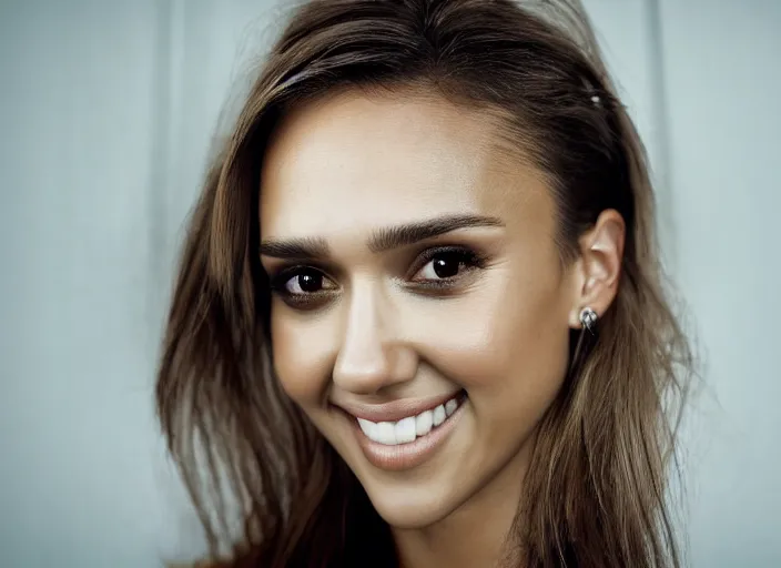 Prompt: a closeup, 4 5 mm, detailed photograph of a woman looking at camera with a seductive smile, half jessica alba half nathalie portman half scarlett johansson, beautiful low light, 4 5 mm, by franz lanting