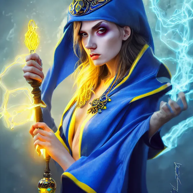 Image similar to beautiful elemental electric witch with ornate blue andyellow robes and staff, highly detailed, 4 k, hdr, smooth, sharp focus, high resolution, award - winning photo, artgerm, photorealistic