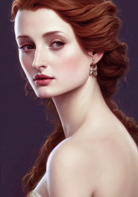 Image similar to sansa angeline jolie gessica chastain, intricate, elegant, highly detailed, digital painting, artstation, concept art, smooth, sharp focus, illustration, art by artgerm and greg rutkowski and alphonse mucha and william - adolphe bouguereau