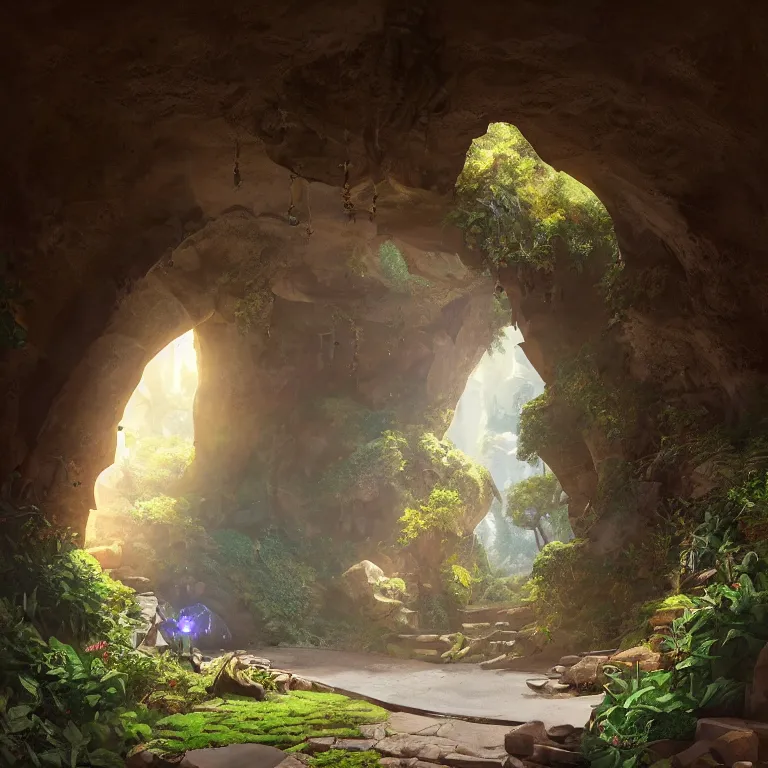 Image similar to secret overwatch arc hallway for living quarters carved inside a cave surrounding a lush garden, trimmed, magical, natural light, clean lines, cozy, fantasy, minimalist architecture, sharp focus, concept art, by greg rutkowski and craig mullins,, octane render 8 k